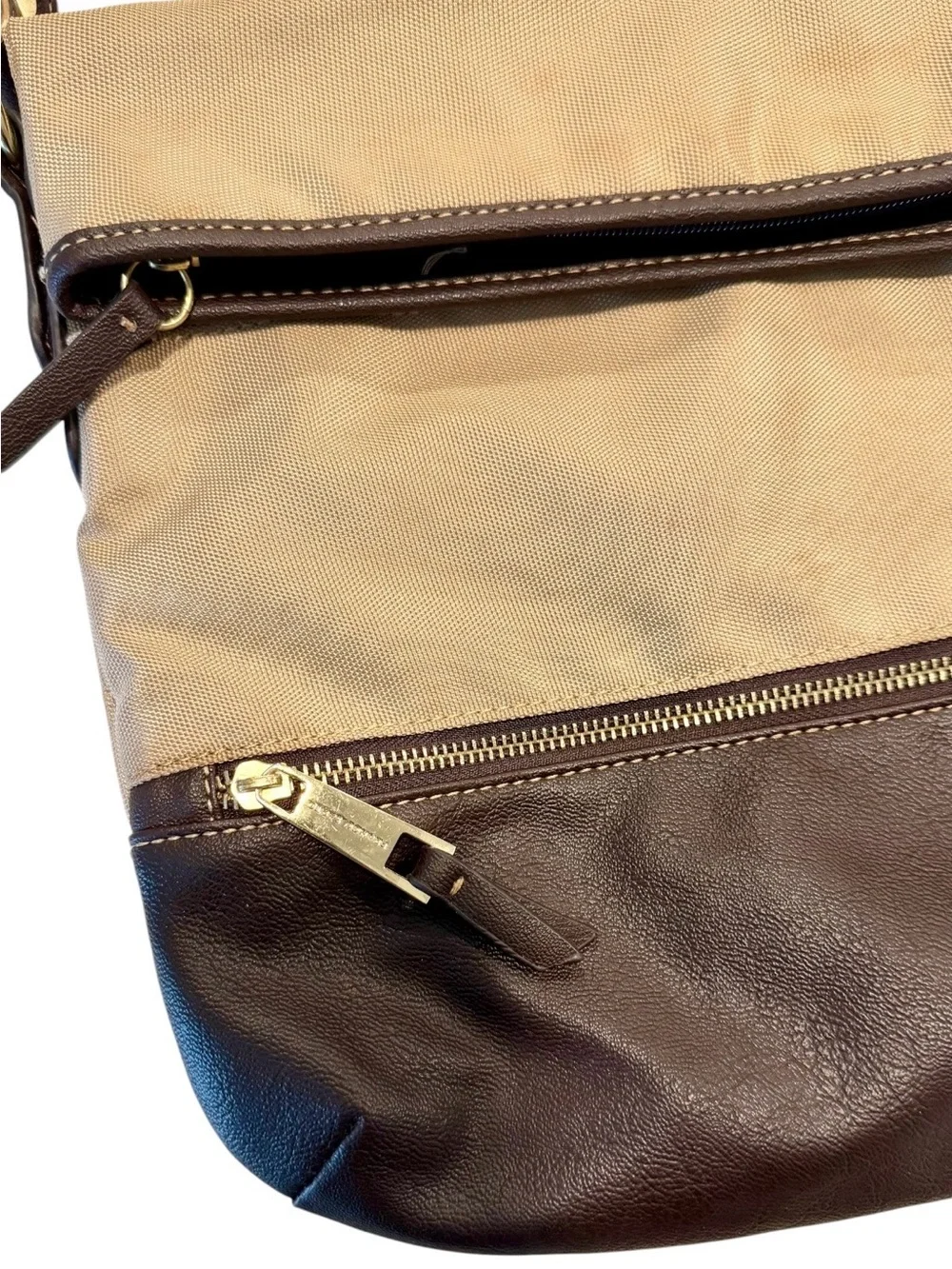 Vintage Franco Sarto Canvas Leather Fold Over Shoulder Bag in Beige/Dark Brown